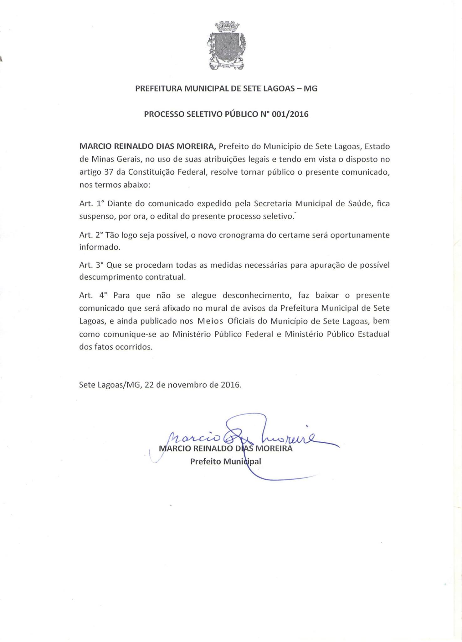 Documento assinado pelo Prefeito Municipal de Sete Lagoas, oficializa cancelamento do concurso.