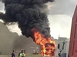 Ônibus foi tomado pelas chamas. — Foto: Redes Sociais