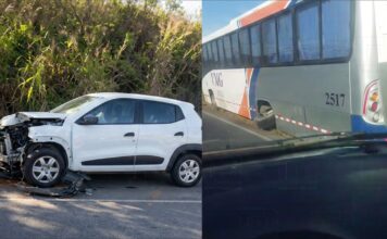 Roda de ônibus se solta, atinge carro e provoca acidente na MG-238 em Sete Lagoas