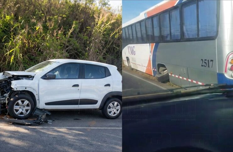 Roda de ônibus se solta, atinge carro e provoca acidente na MG-238 em Sete Lagoas