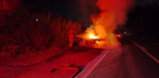 Mãe para no acostamento e salva filhos antes de carro ser destruído por incêndio na BR-265